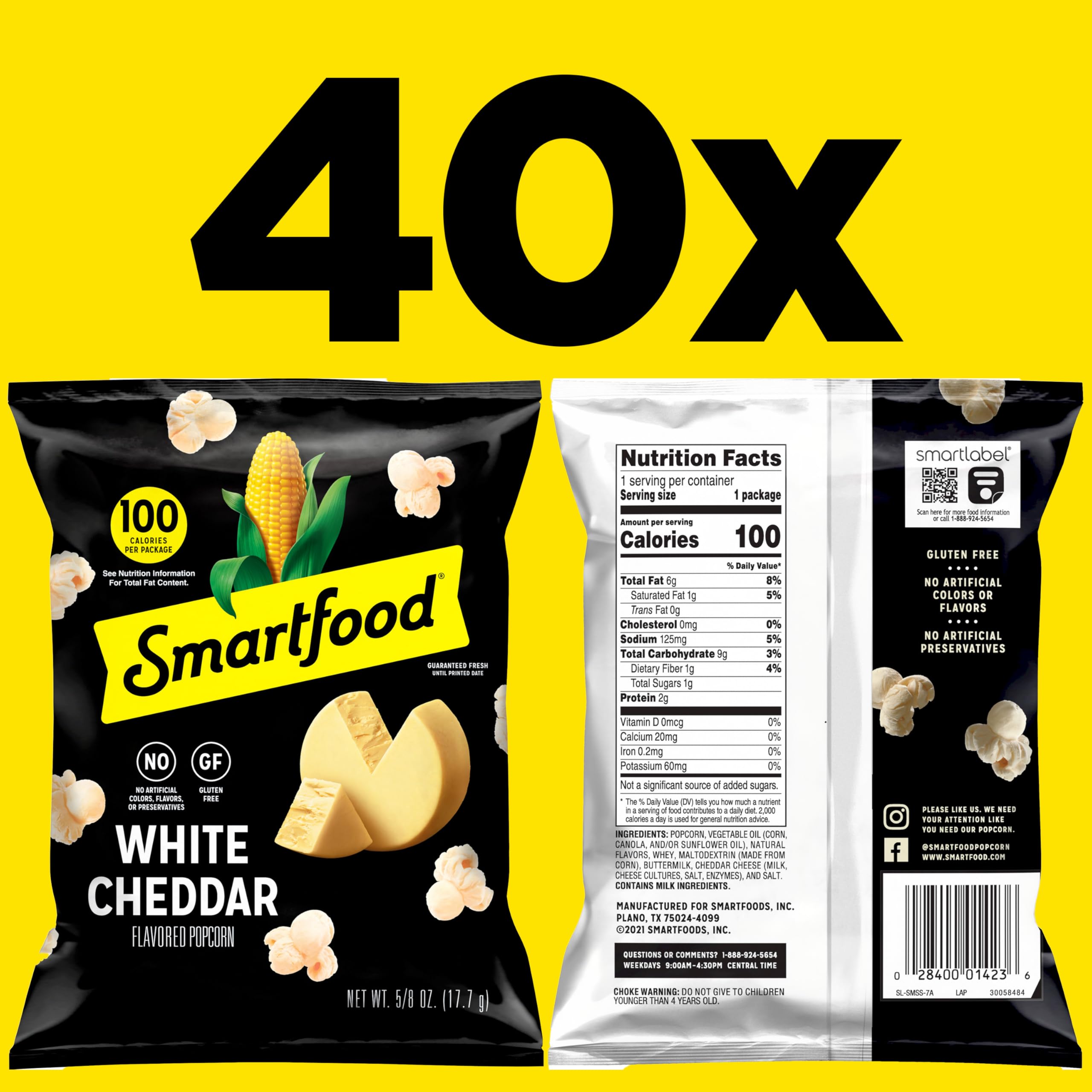 Smartfood open bag with visible popcorn kernels and quick grab benefit