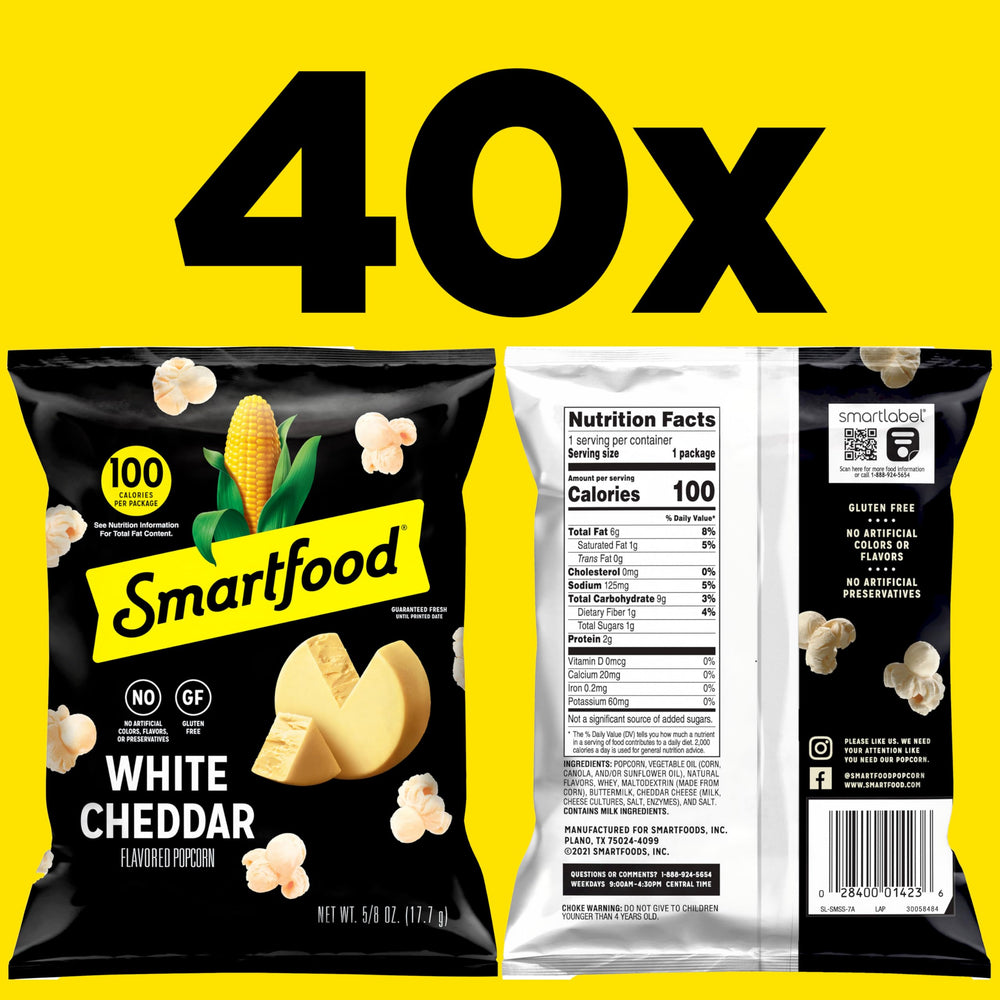 Smartfood open bag with visible popcorn kernels and quick grab benefit