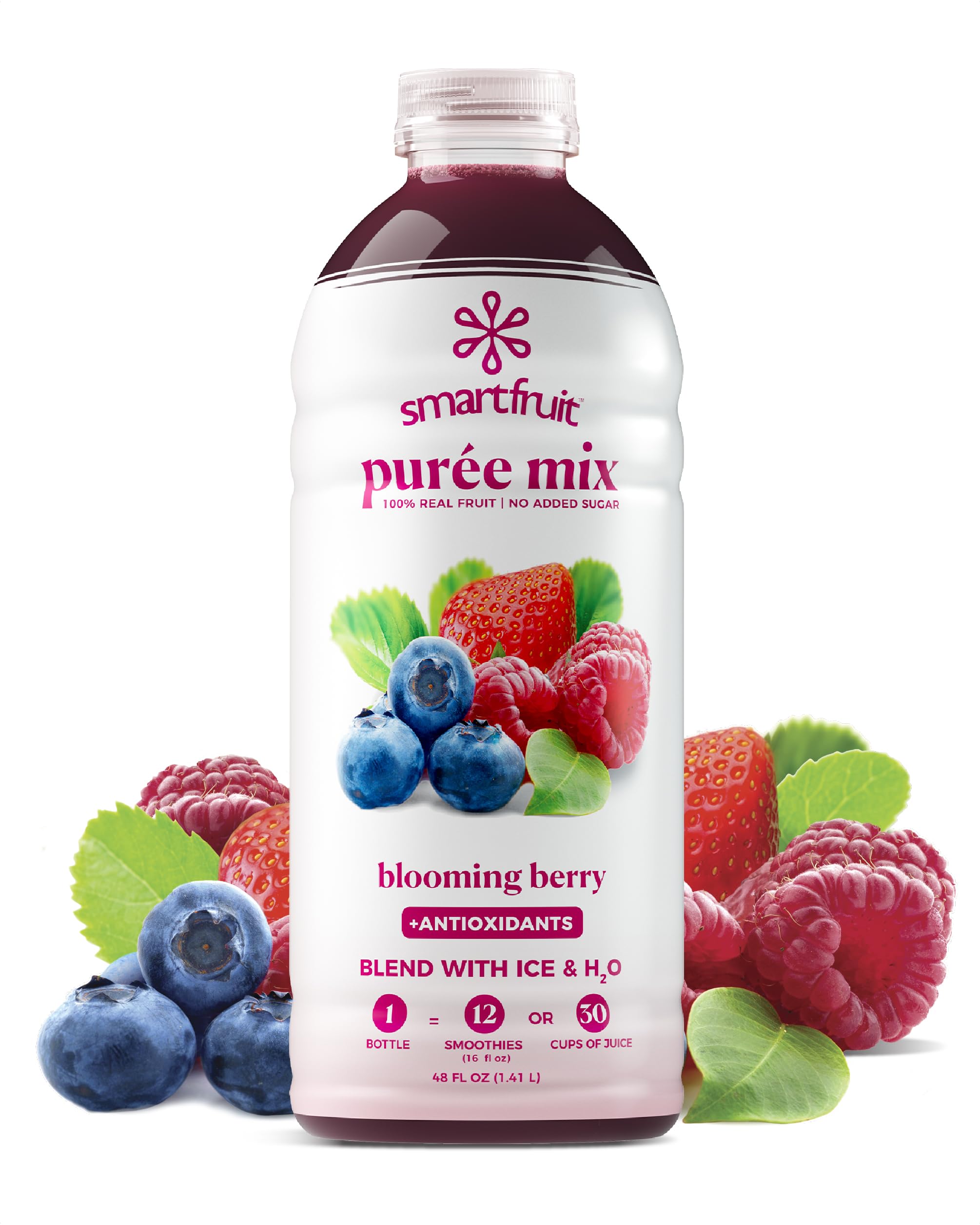 Smartfruit Blooming Berry front packaging showing 48oz bottle and label benefits