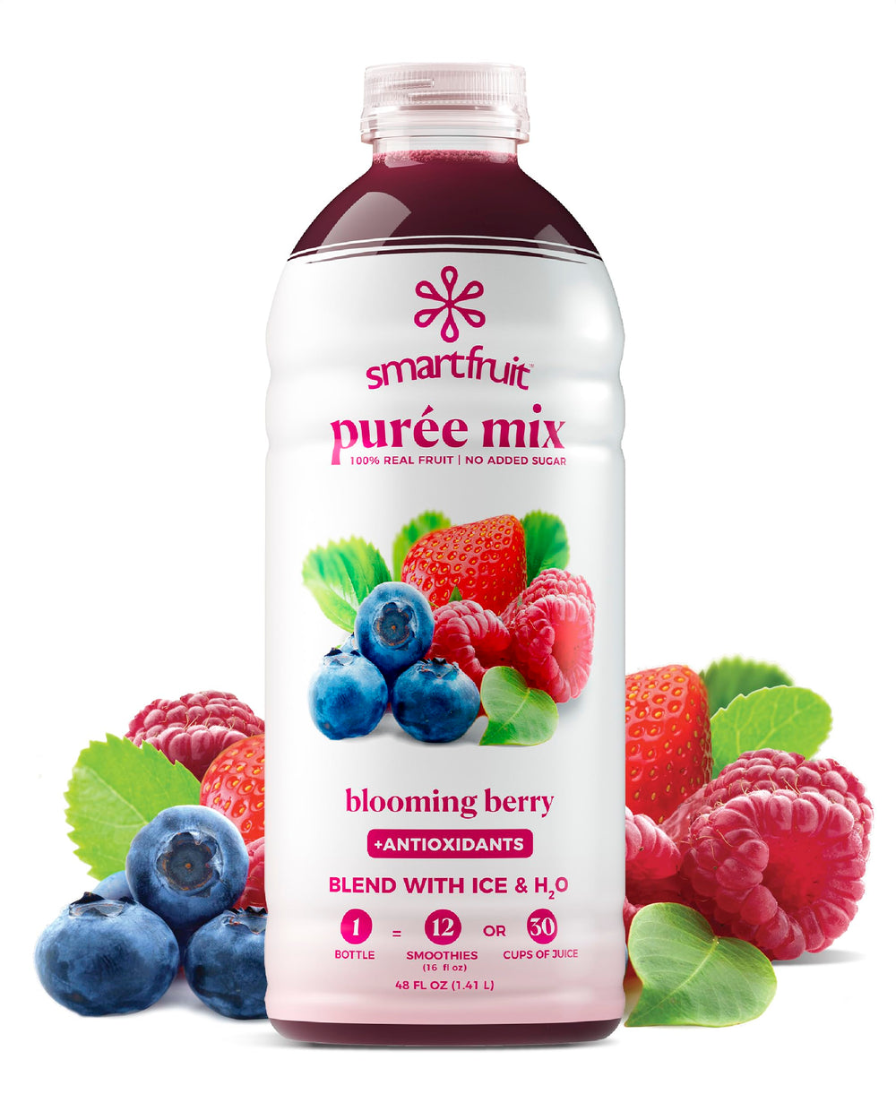 Smartfruit Blooming Berry front packaging showing 48oz bottle and label benefits