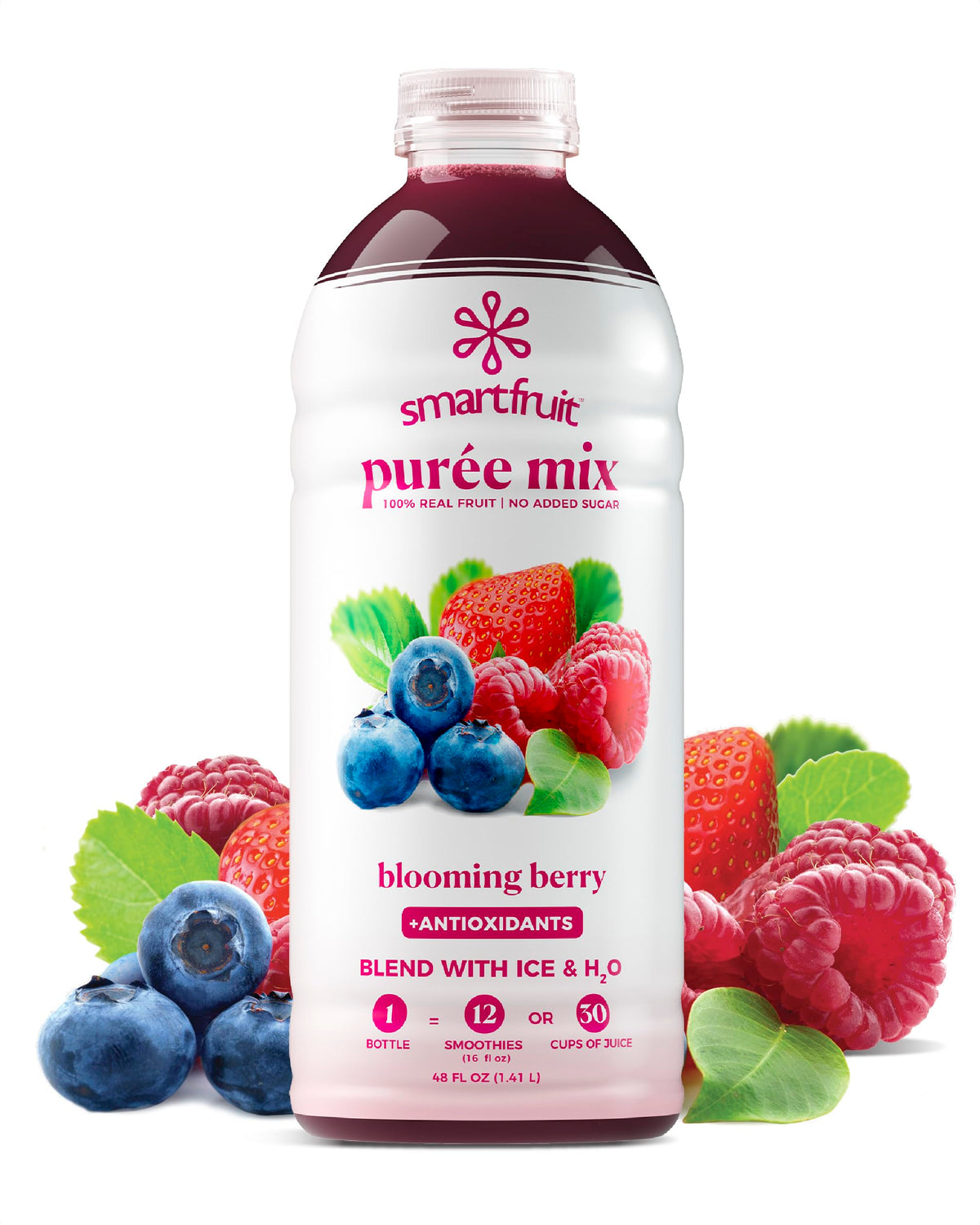 Smartfruit Blooming Berry front packaging showing 48oz bottle and label benefits