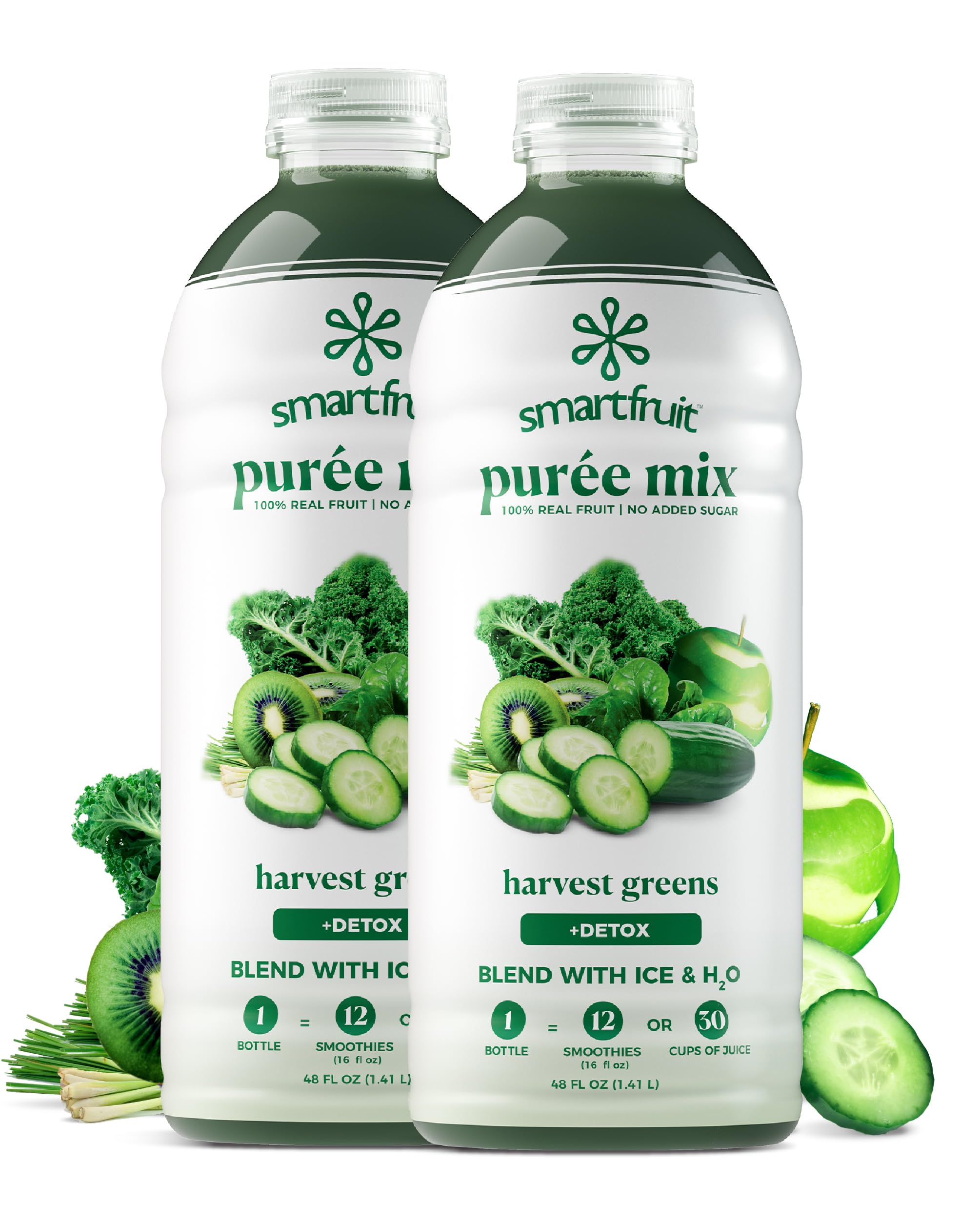 Smartfruit Harvest Greens front packaging showing 48oz bottle and vibrant label benefits