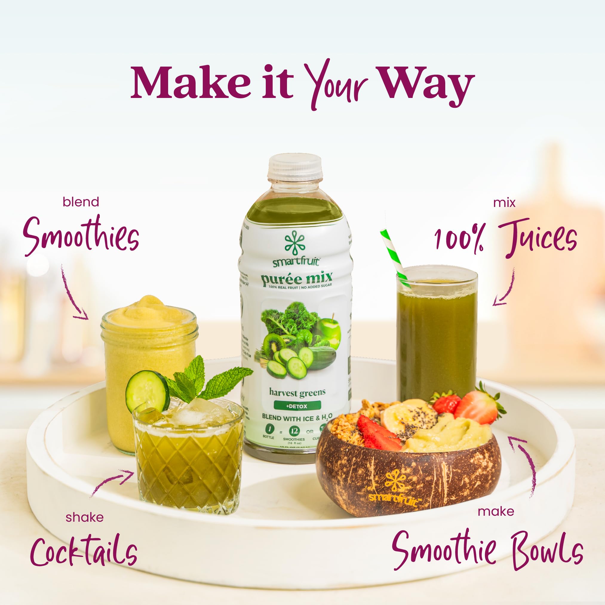 Flatlay of kiwi, cucumber, kale and banana next to Smartfruit bottle illustrating ingredients