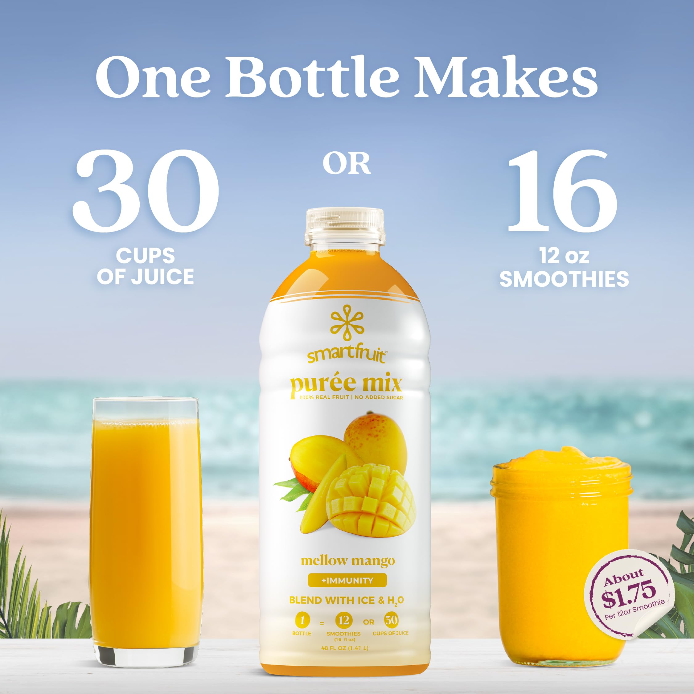Smartfruit purée being poured from bottle for quick beverage prep