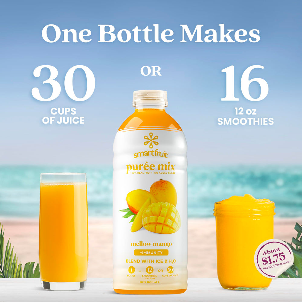 Smartfruit pour demonstrating thick mango purée texture and ease of use