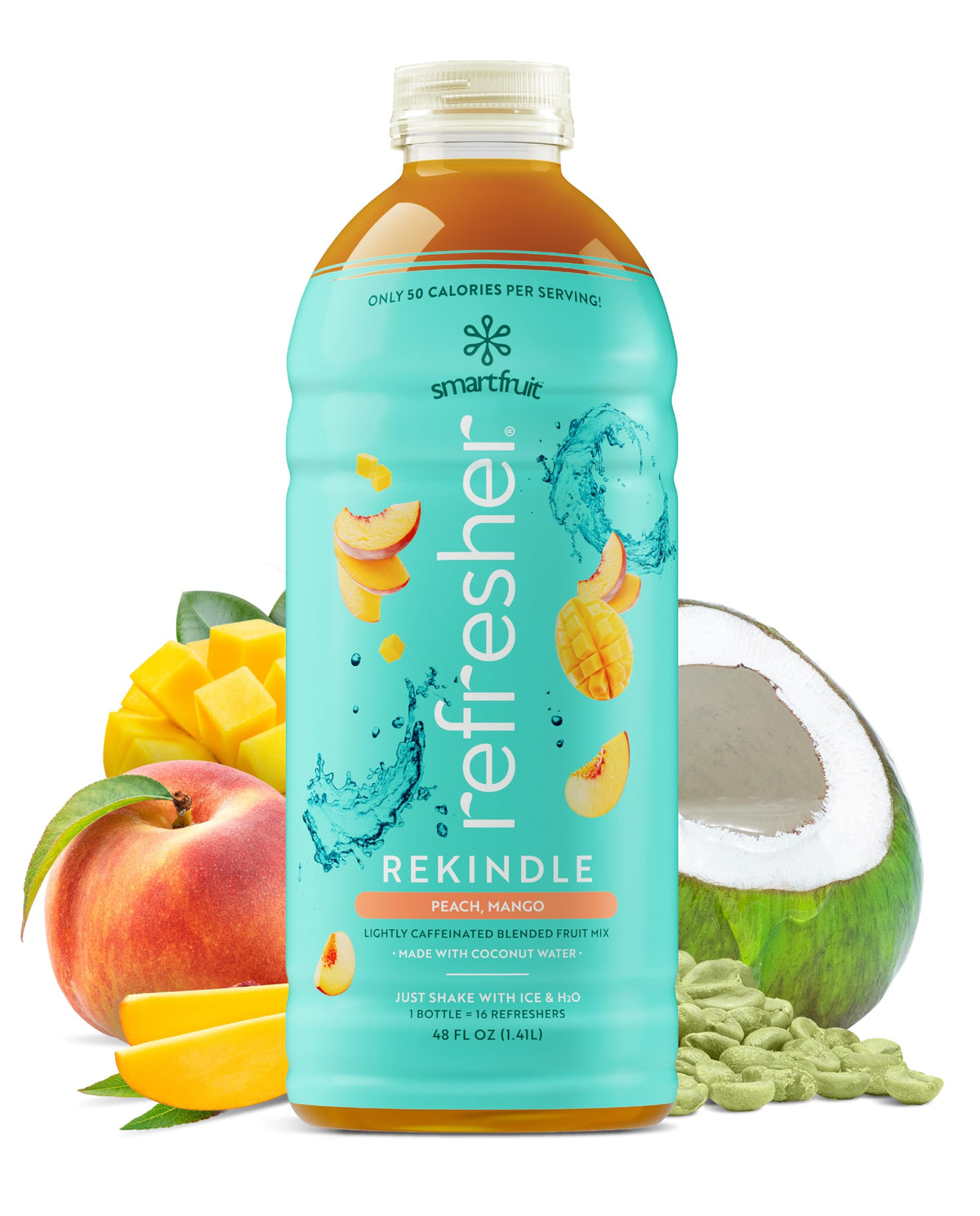 Smartfruit front packaging showing bottle and peach mango branding, highlights convenience