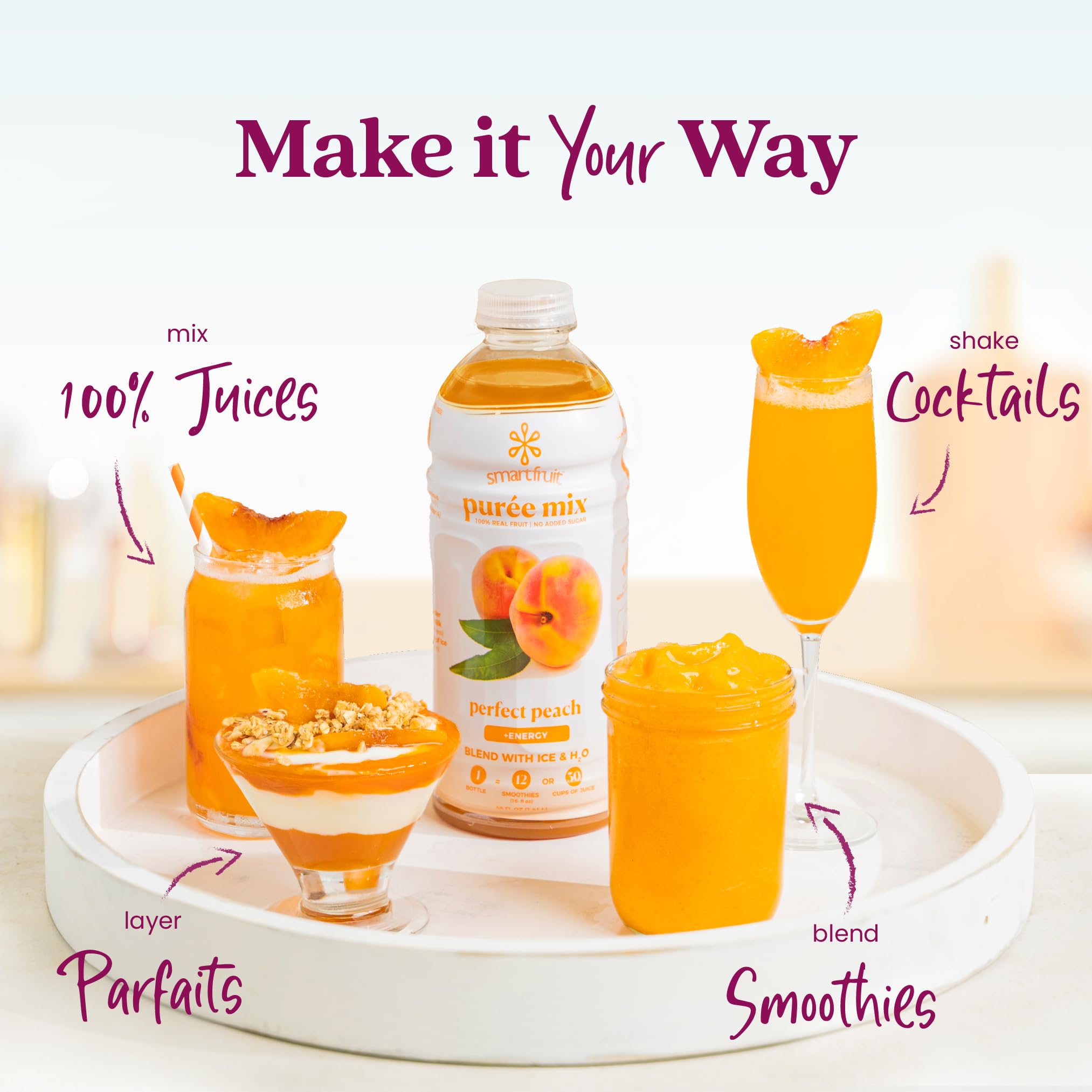 Smartfruit 48oz bottle next to measuring cup to show size and servings