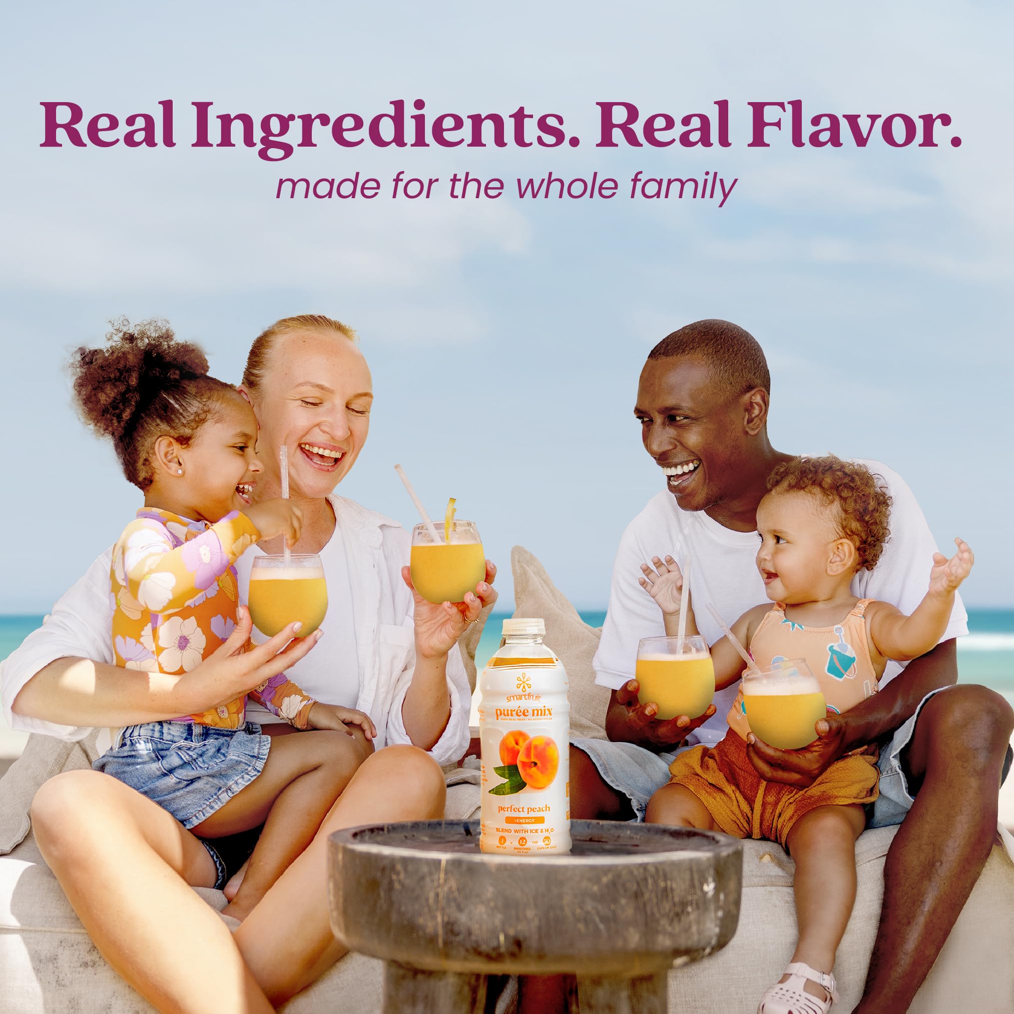 Smartfruit bottle beside fresh peaches and pineapple showing true-to-fruit scale