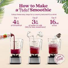 Smartfruit purée pouring into a blender for easy smoothie preparation