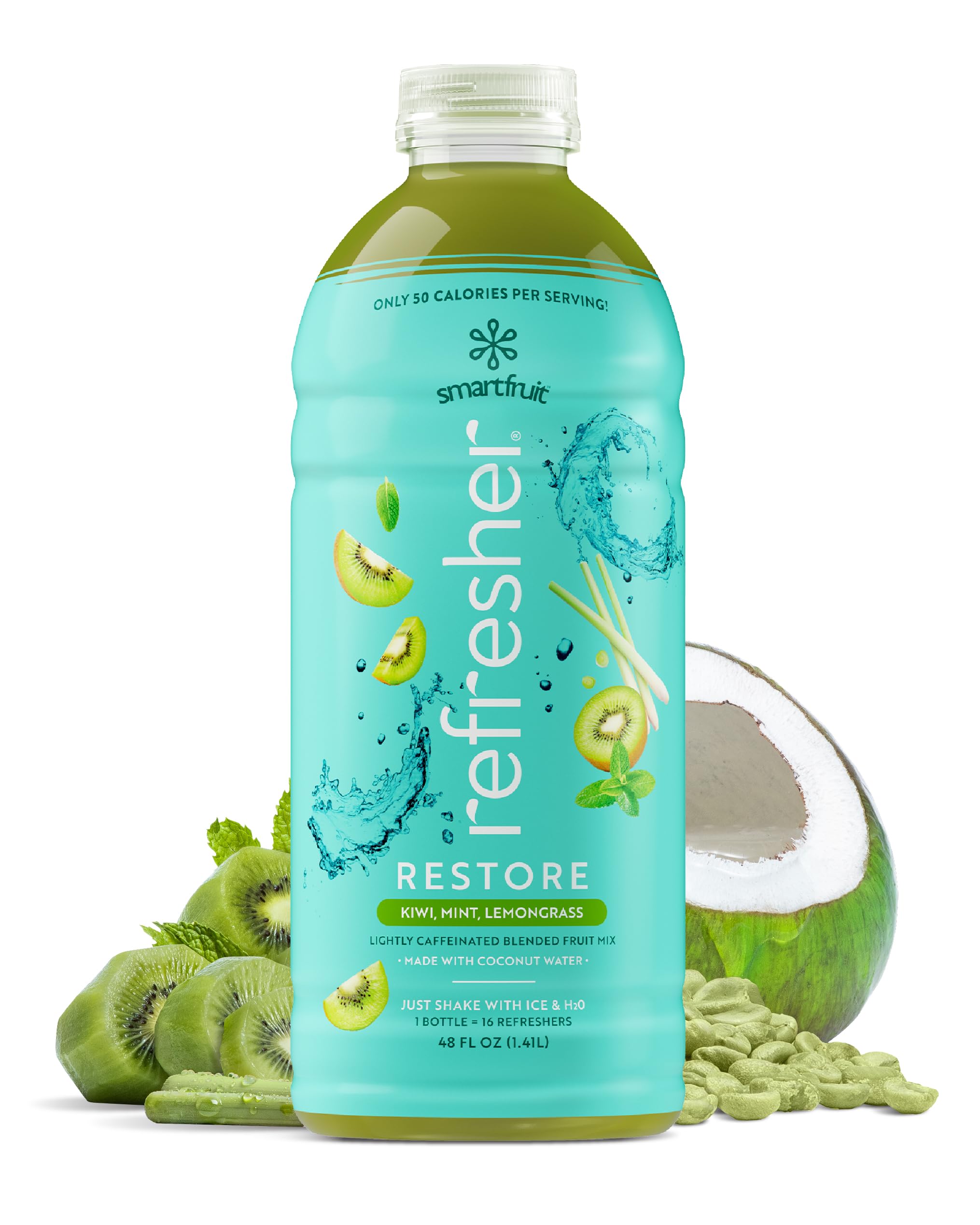 Smartfruit bottle front label showing kiwi lemongrass mint and servings benefit