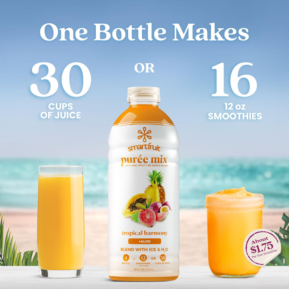 Smartfruit bottle pouring purée into glass, fast prep and consistency