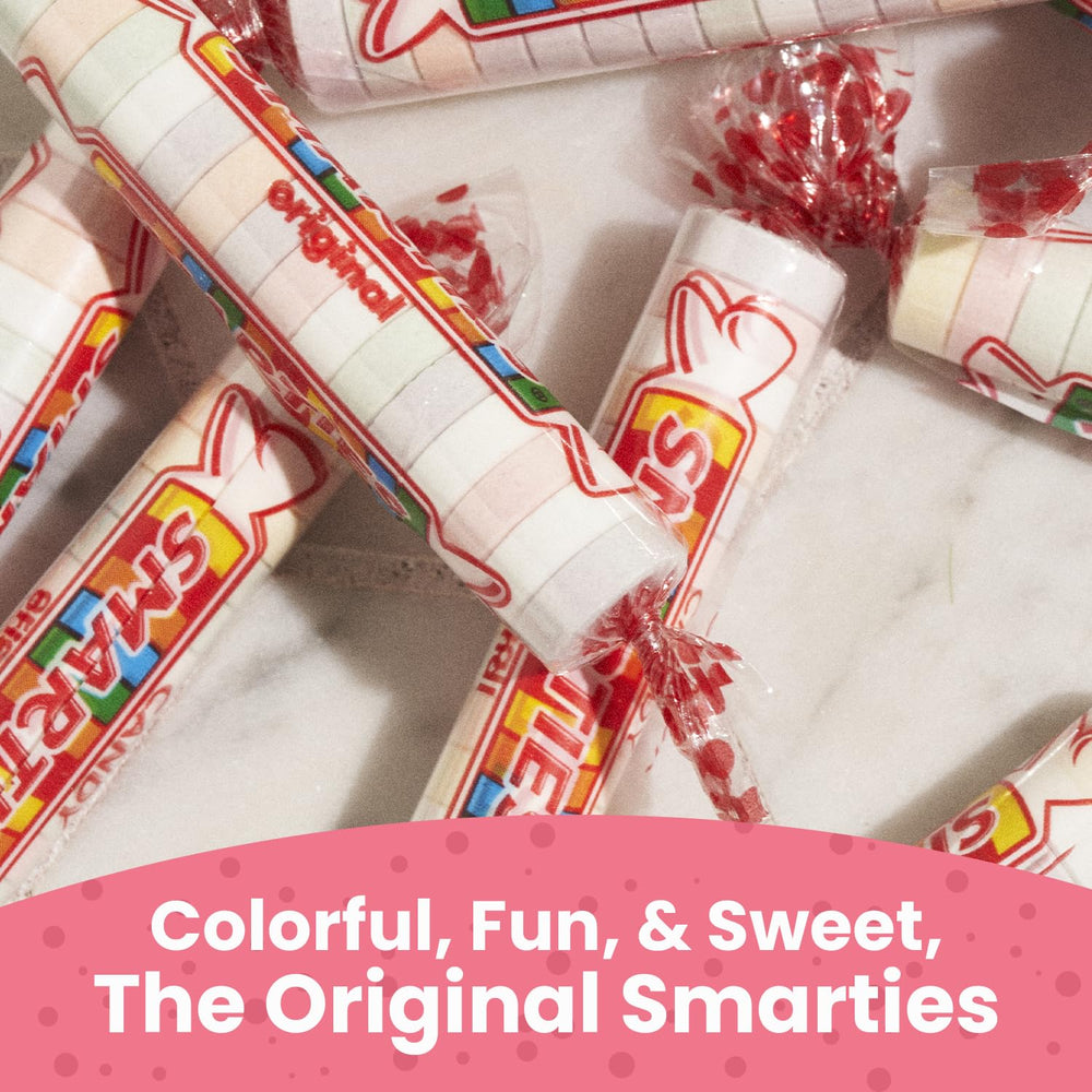 Open Smarties bulk box with stacked rolls showing storage-ready bulk supply