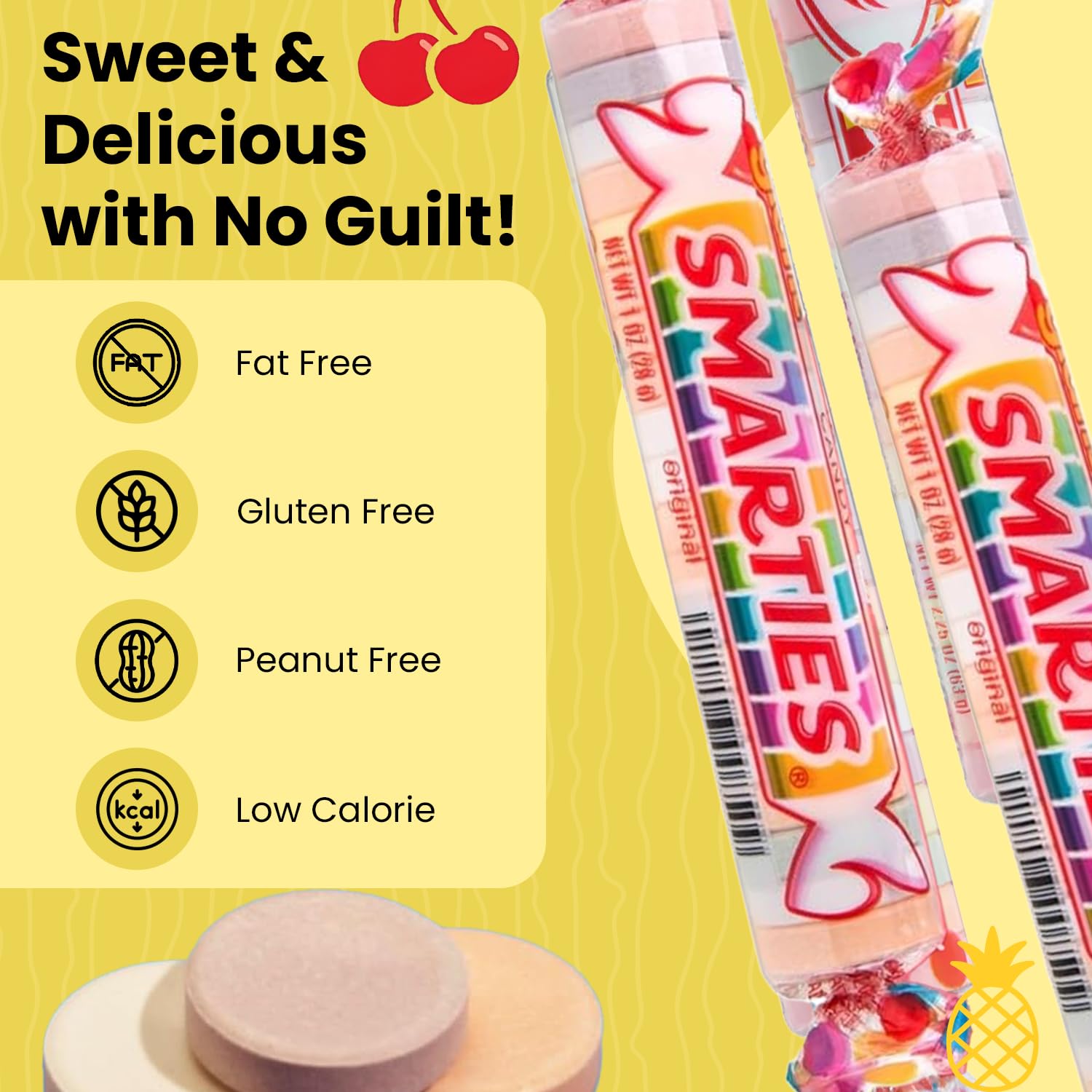 Smarties close-up of roll texture highlighting crisp, tangy tablet benefit