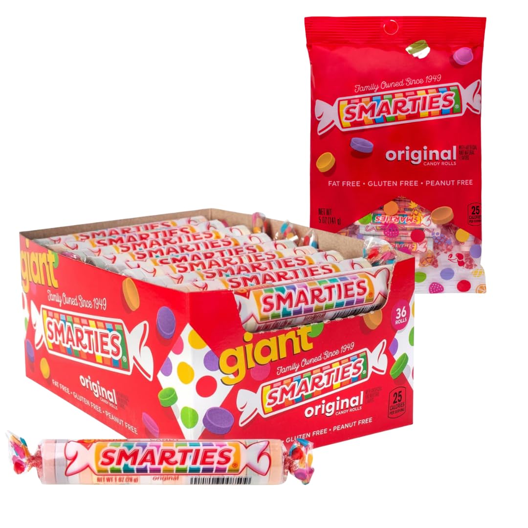 Smarties front of box showing giant rolls and quantity, brand provides shareable portions