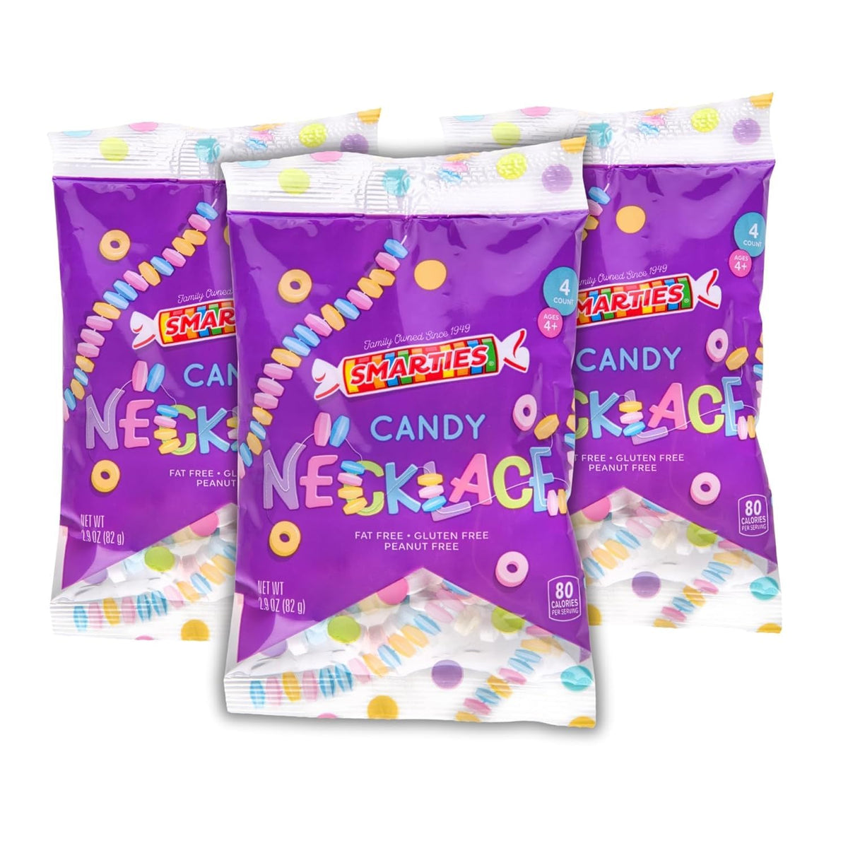 Smarties front packaging showing necklaces and pack contents for easy party distribution