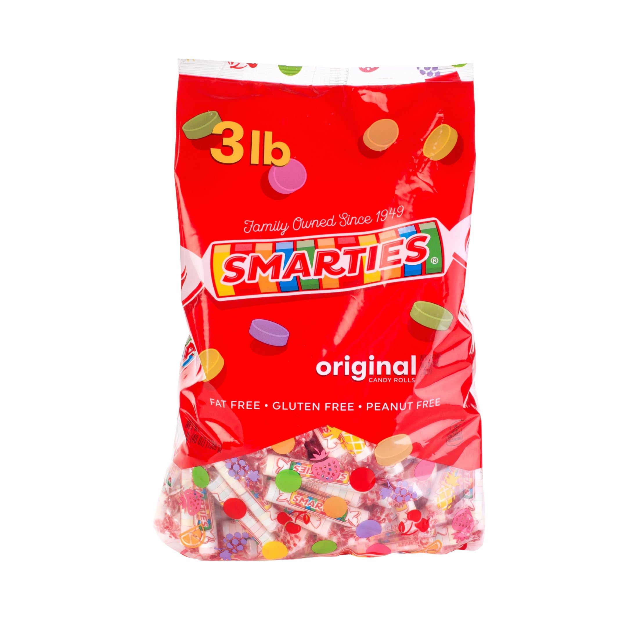 Smarties front packaging showing brand and 3 lb bulk convenience