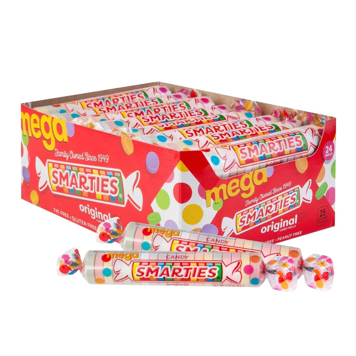 Smarties front packaging showing bulk 54oz box and colorful rolls benefit convenience