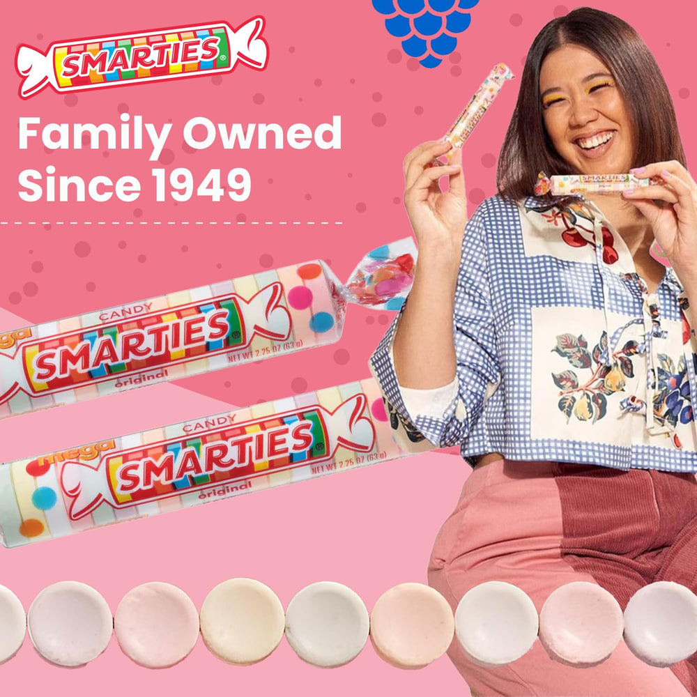 Smarties individually wrapped rolls neatly lined up for hygienic sharing benefit