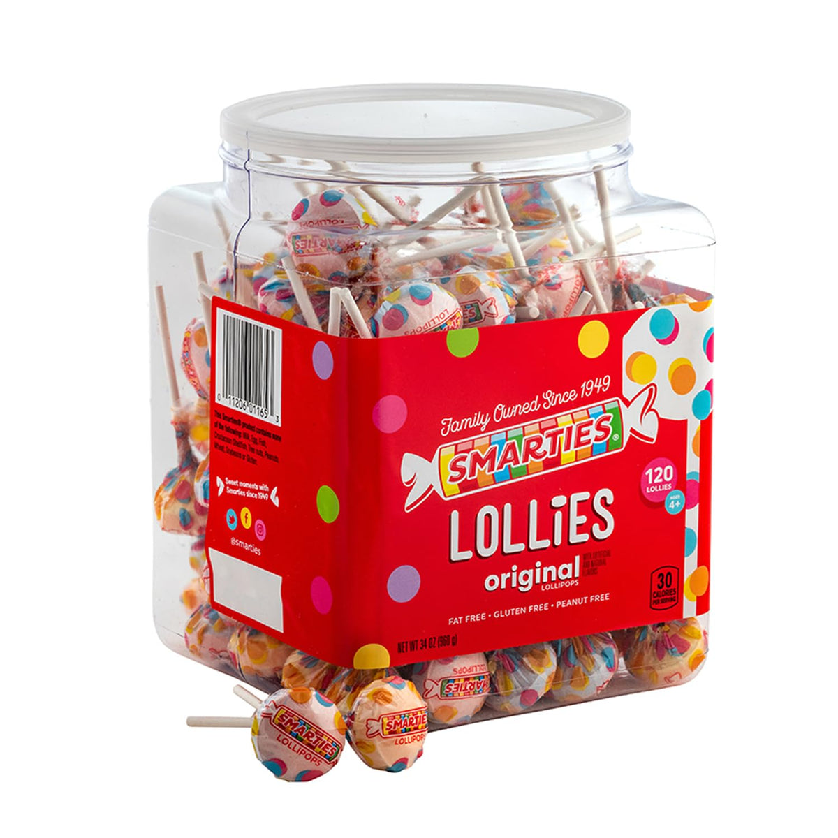 Smarties jar front view showing colorful lollipops and count - convenient bulk supply