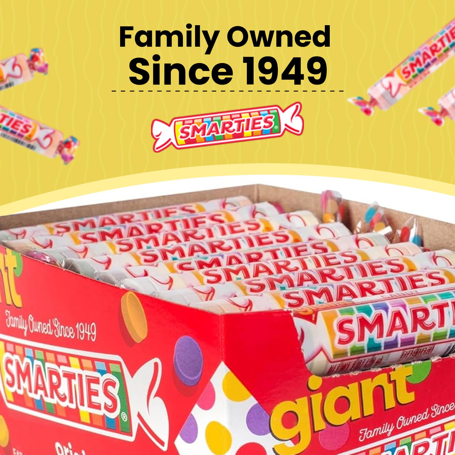 Smarties size comparison beside coin showing larger roll portion benefit
