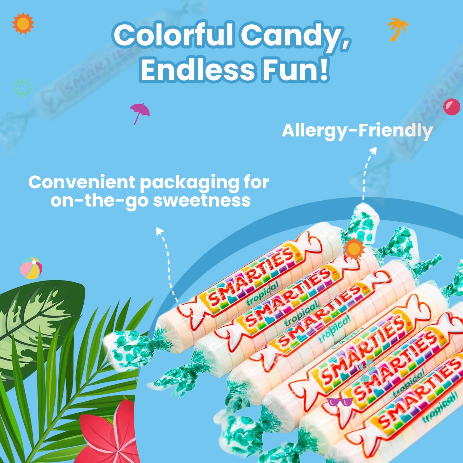 Open Smarties bag spilling rolls into bowl, Smarties brand for party-ready convenience