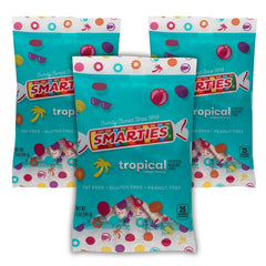Smarties front packaging showing tropical 3-pack and clear branding benefit: trusted treat