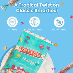 Smarties close-up of roll texture showing bright tropical colors and clear flavor appeal