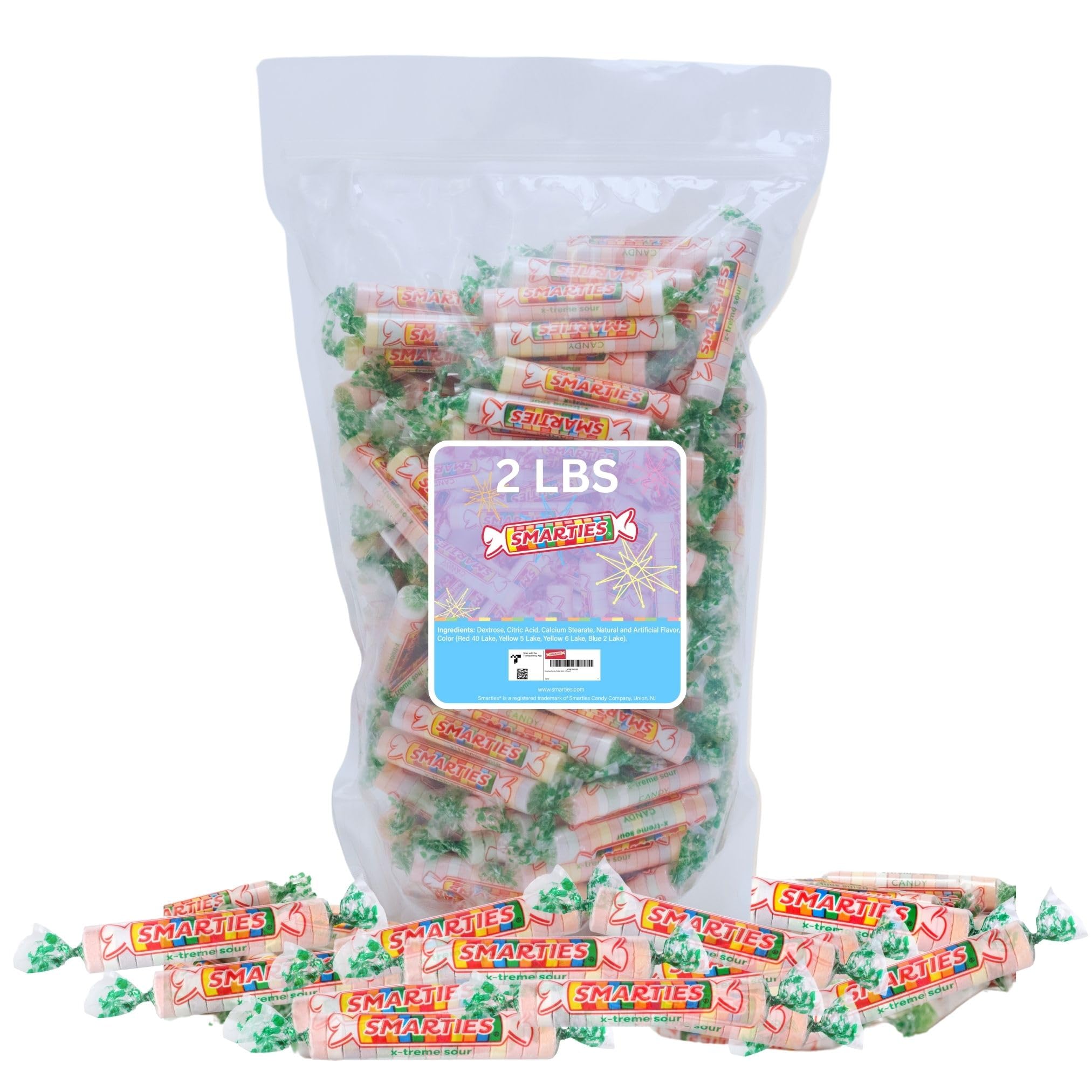 Smarties front of bag showing 2-pound bulk pack and bright branding, easy party supply