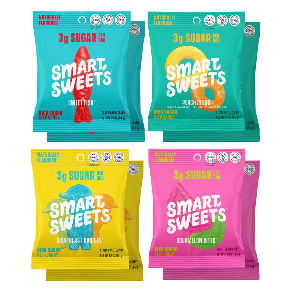 SmartSweets front packaging showing variety pack for easy selection and convenience