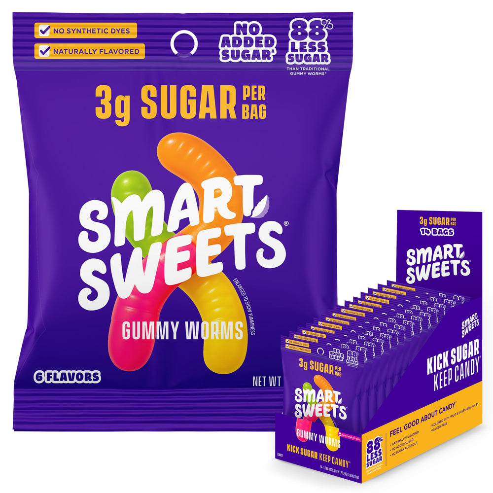 SmartSweets front packaging showing colorful low sugar gummy worms and branding benefit