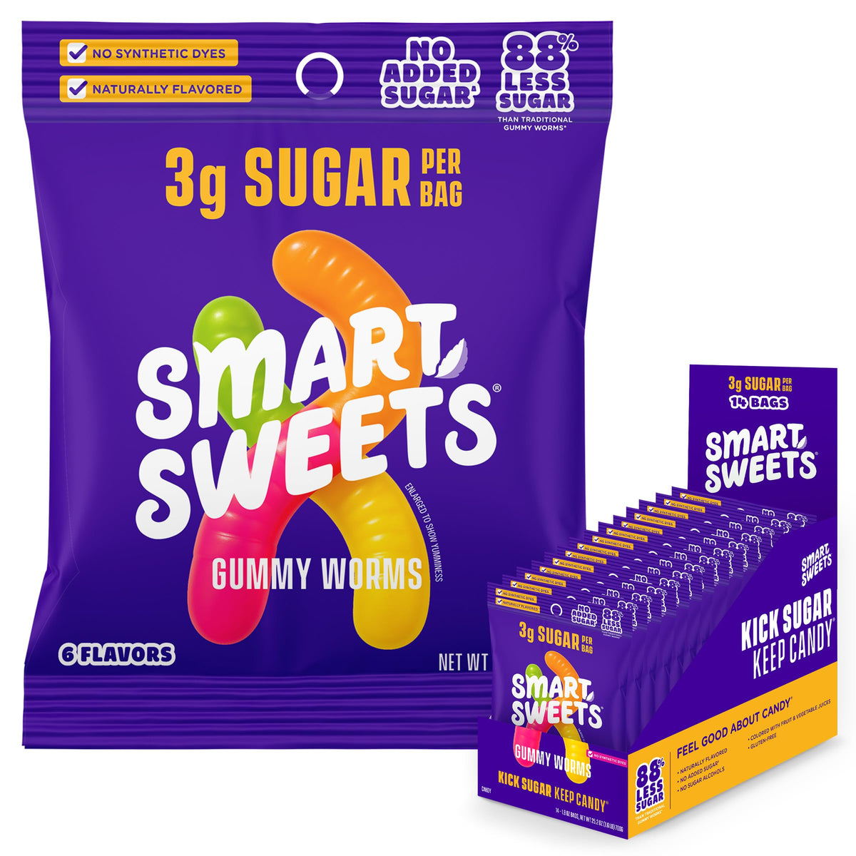 SmartSweets front packaging showing colorful low sugar gummy worms and branding benefit