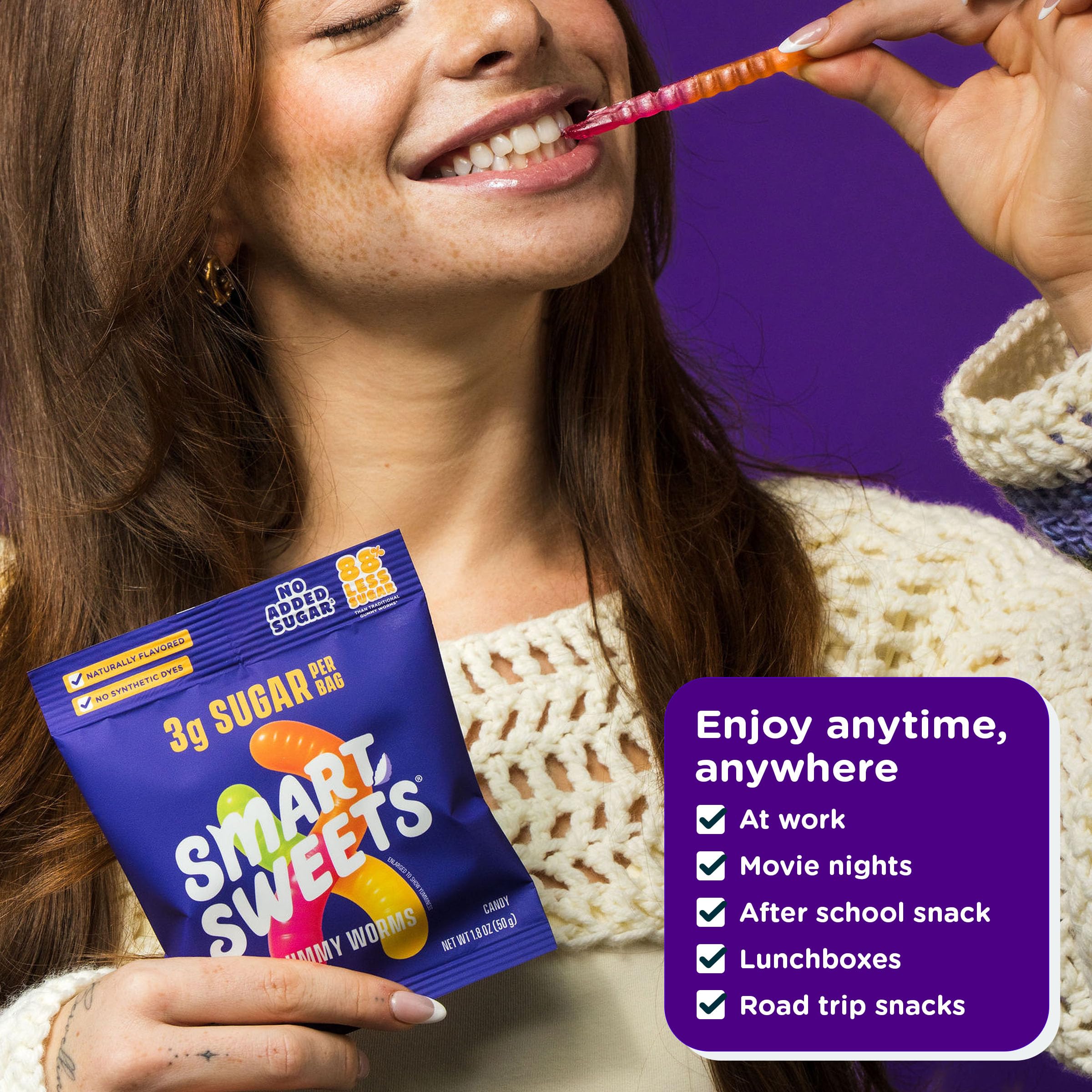 SmartSweets gummy worms in lunchbox illustrating family-friendly snack and portability benefit