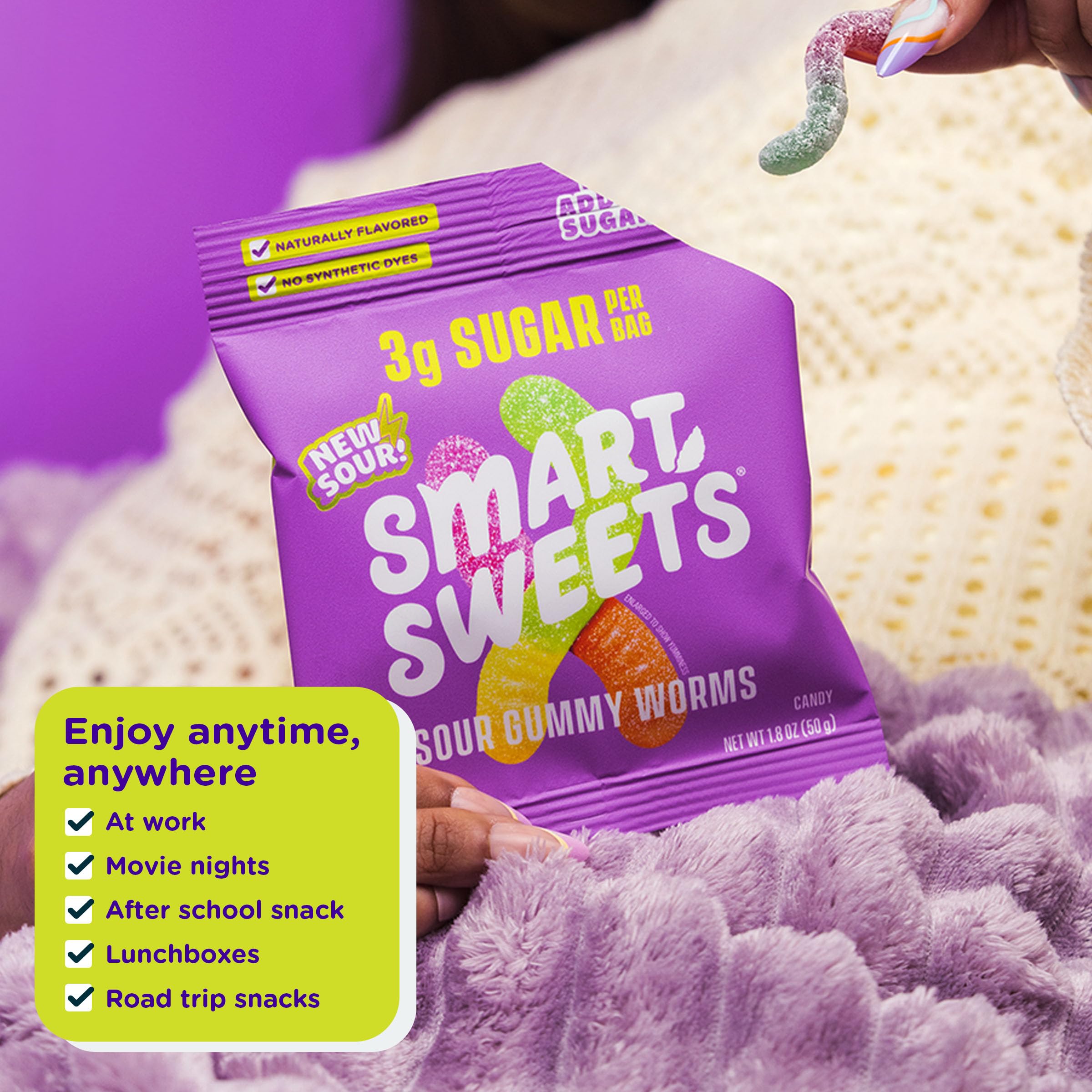 SmartSweets gummy worms in a party bowl illustrating shareable low-sugar treat