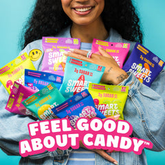 SmartSweets assorted bags spread on table for sharing and low-sugar snacking