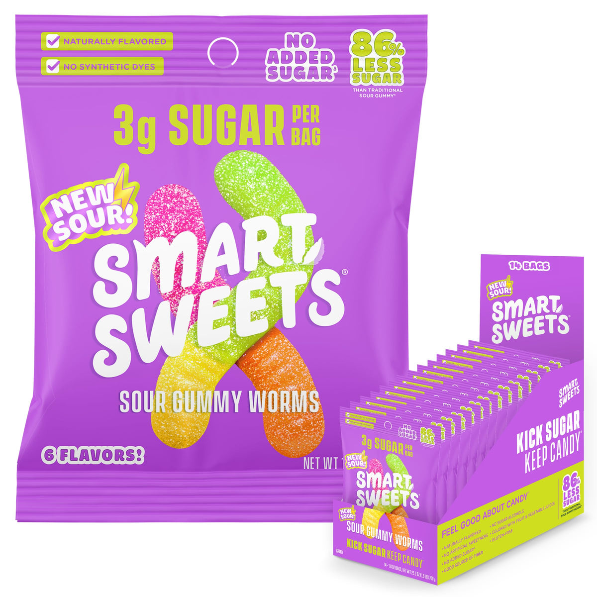 SmartSweets front packaging showing low sugar badge and bright worm graphics