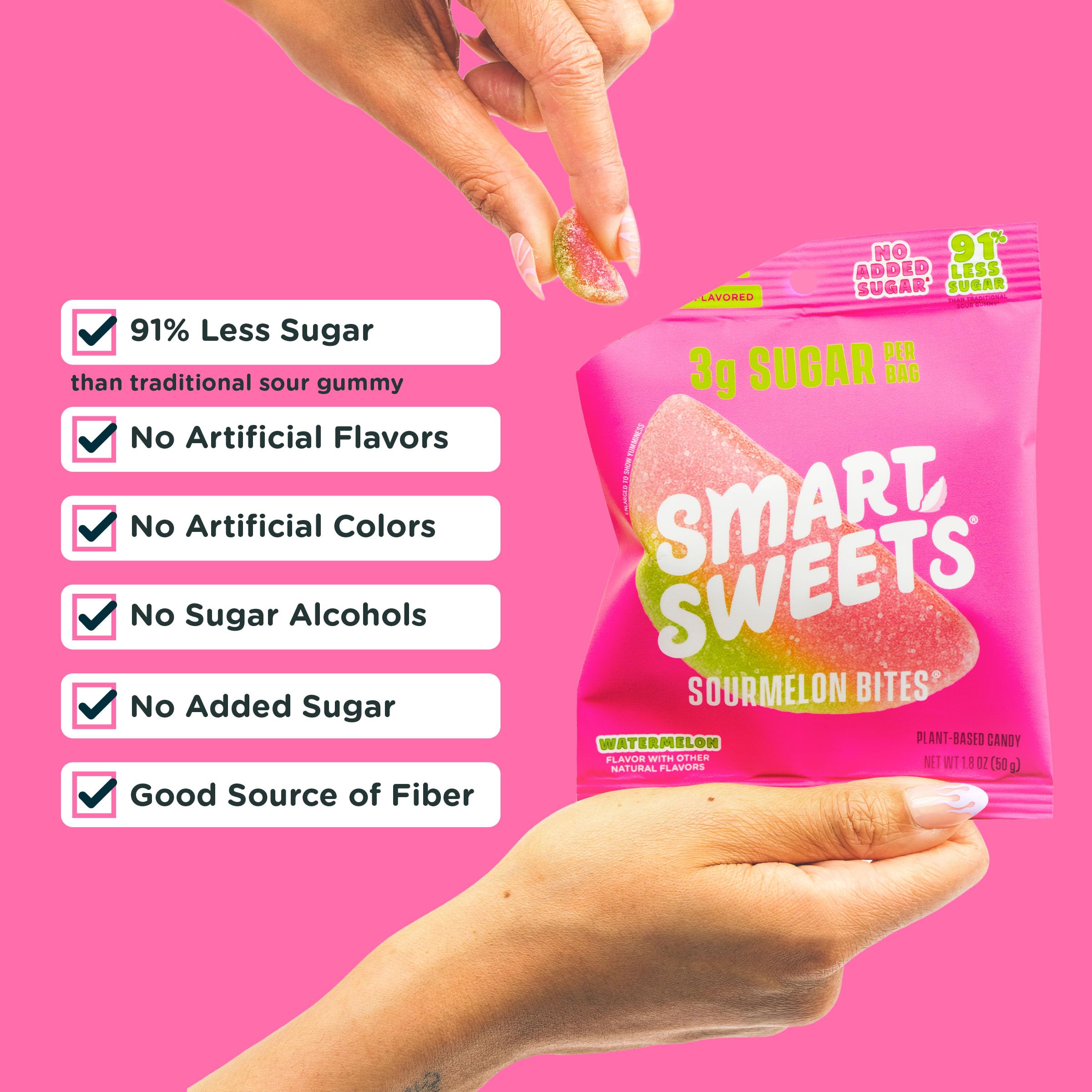 SmartSweets sourmelon open bag with gummies spilling, convenient portion benefit