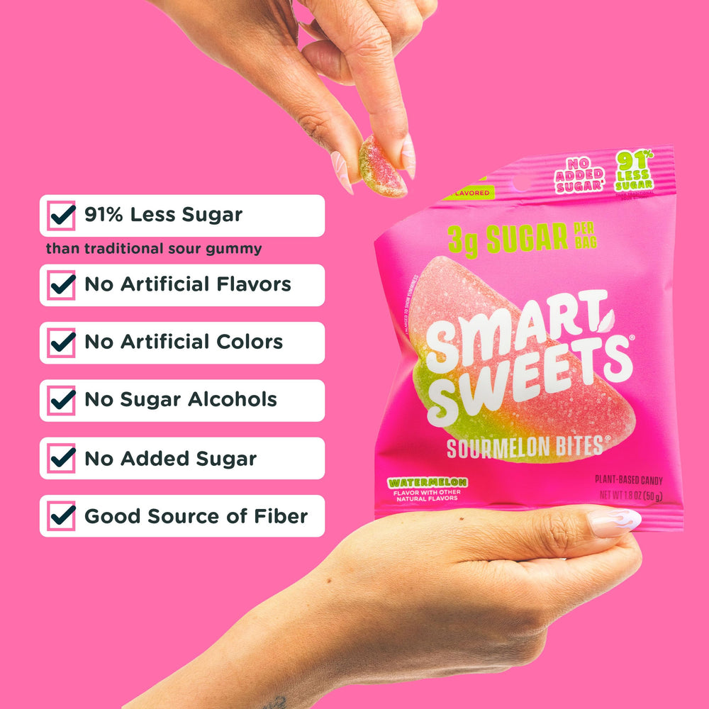SmartSweets sourmelon open bag with gummies spilling, convenient portion benefit