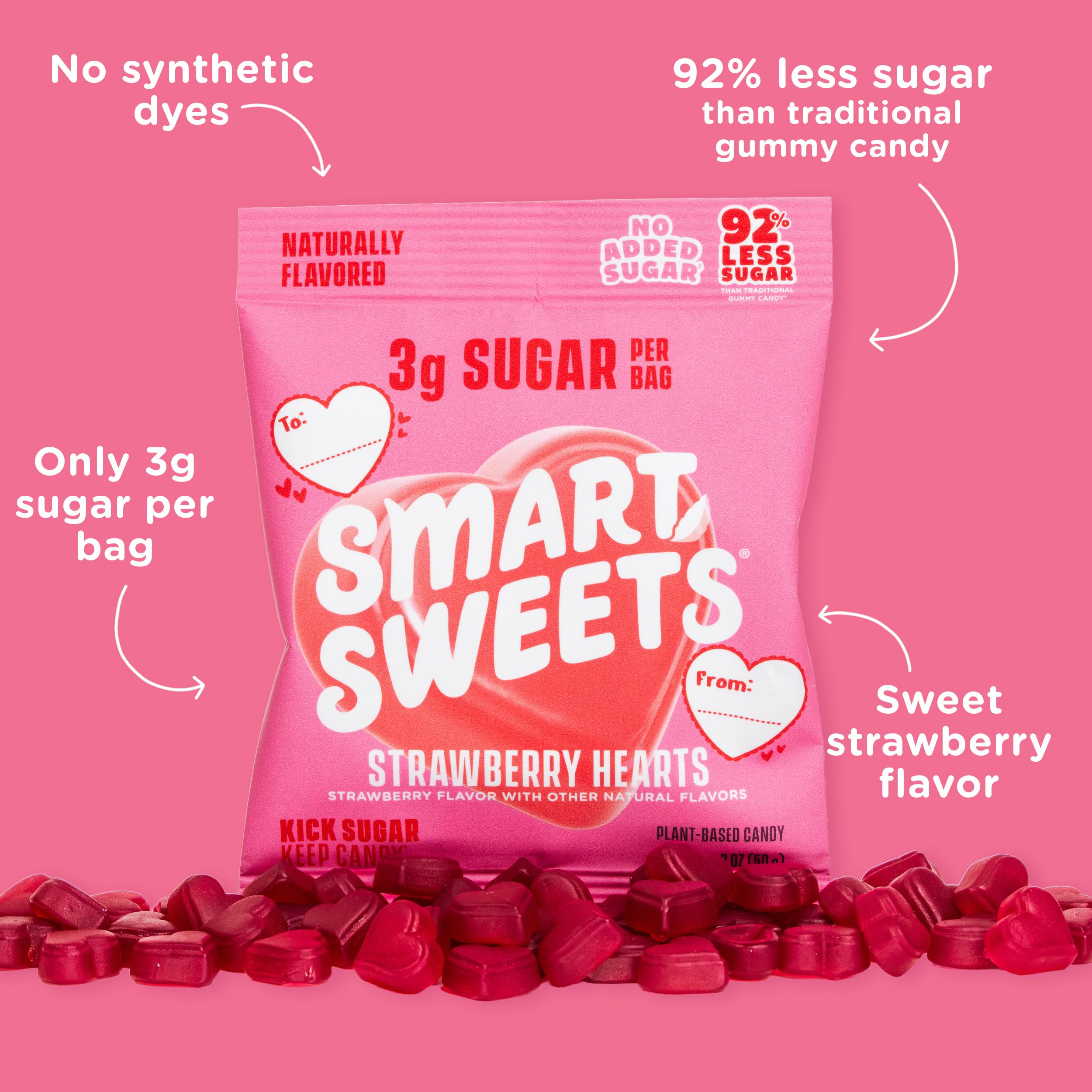 SmartSweets hearts on table at party showing festive look and shareable convenience