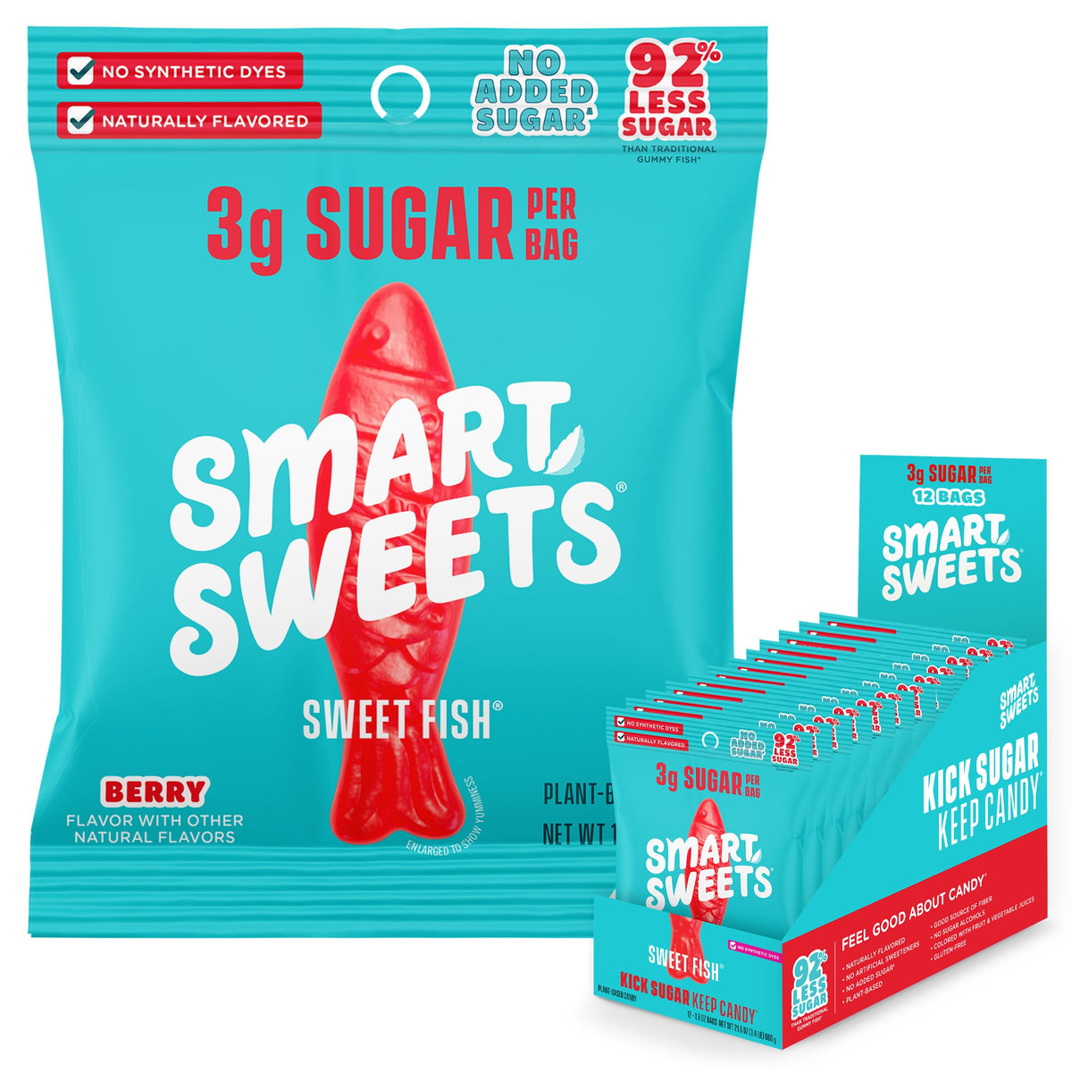 SmartSweets front packaging showing 1.8oz bag and low sugar claim, clear product view