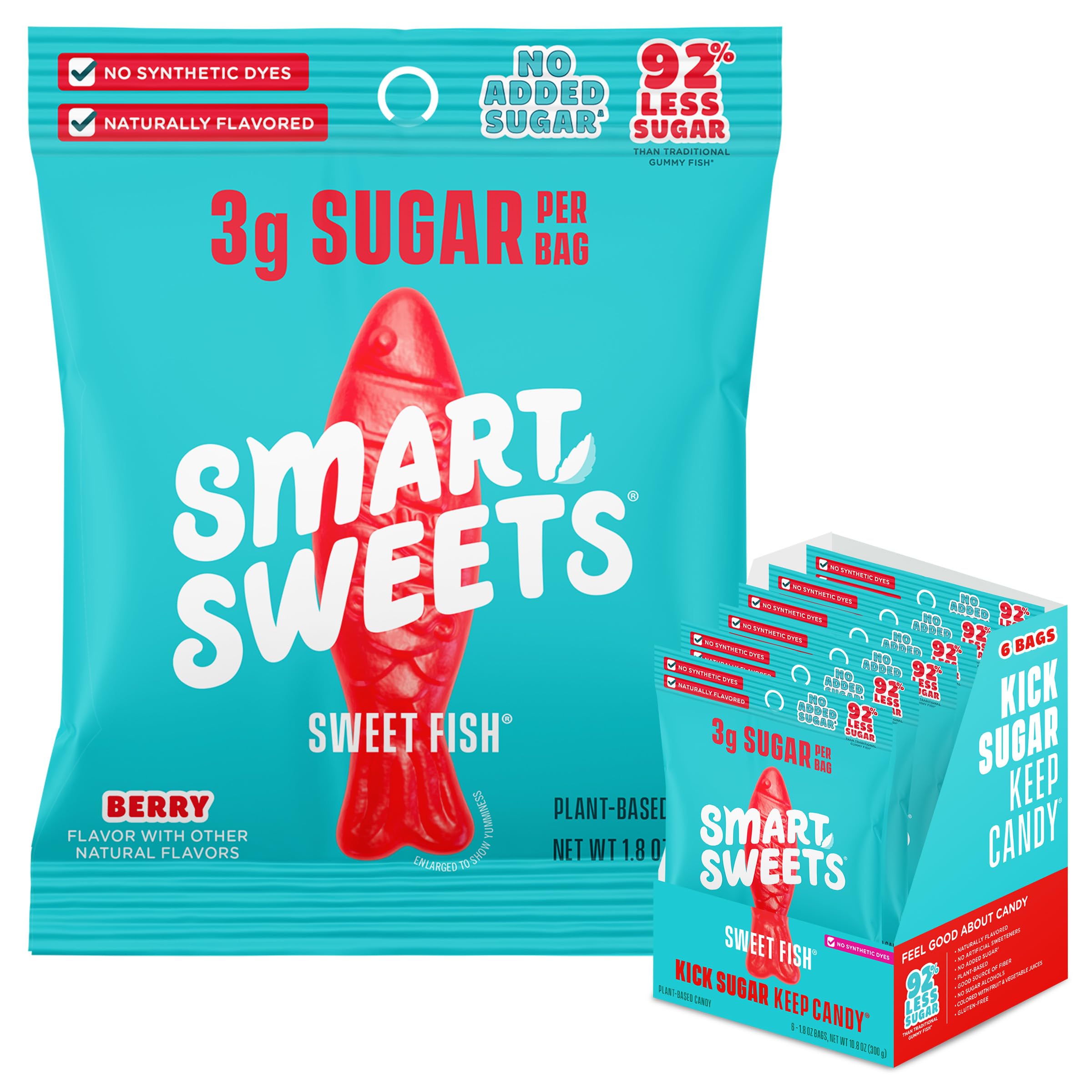 SmartSweets front packaging showing fish-shaped gummies and low sugar benefit