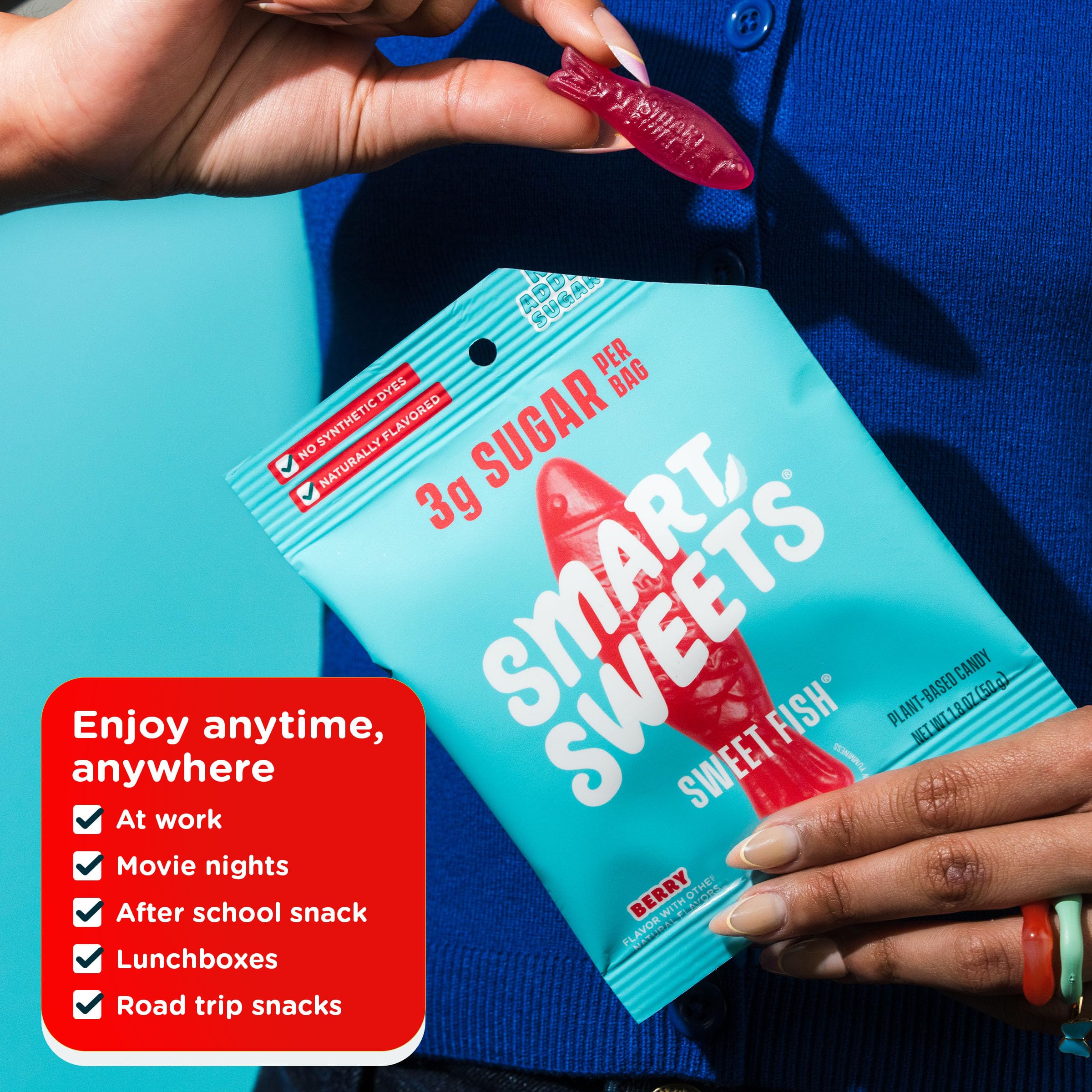 SmartSweets on a blanket at movie night showing shareable lower-sugar treat