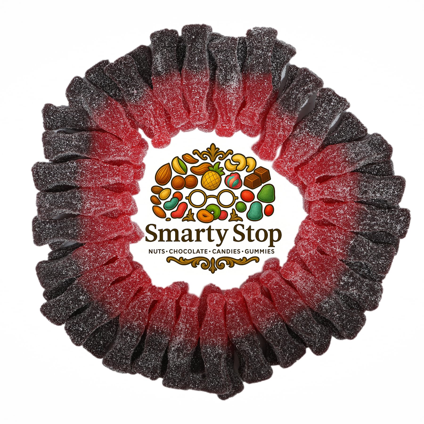 Smarty Stop top-down view of mixed flavors showing colorful cherry and blue raspberry benefits