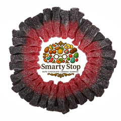 Smarty Stop top-down view of mixed flavors showing colorful cherry and blue raspberry benefits