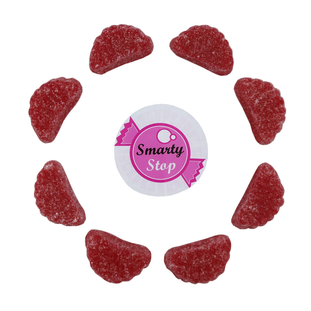 Smarty Stop red cherry slices beside a ruler showing wedge size for portion planning