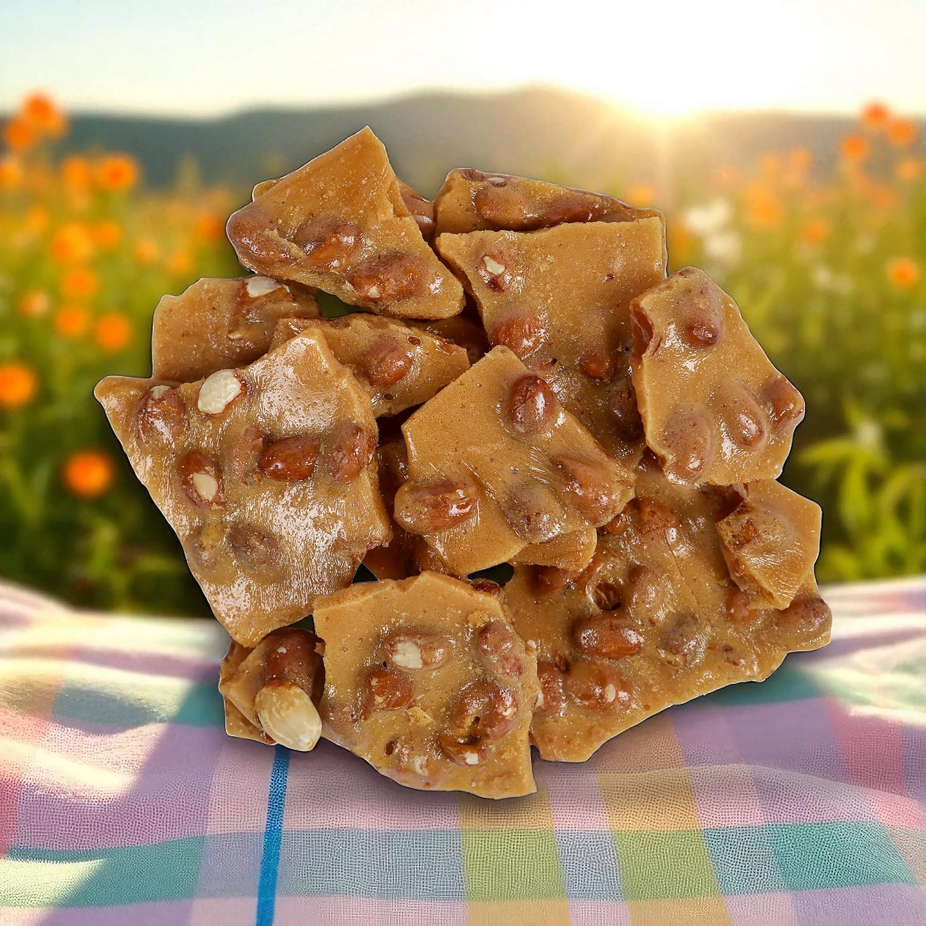 Smarty Stop brittle pieces arranged on a wooden board for serving presentation