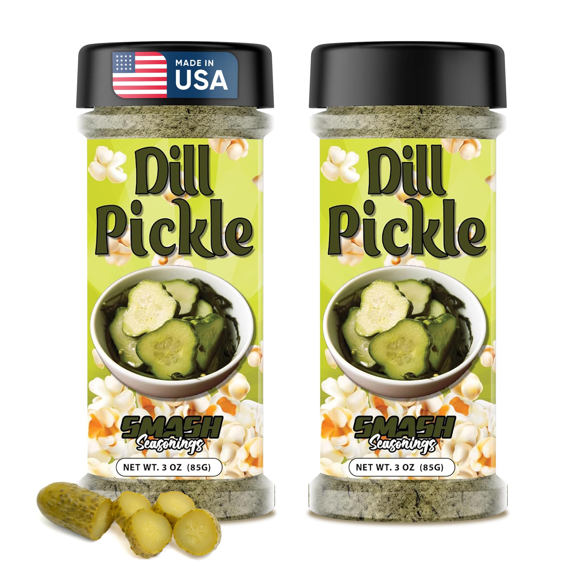 Smash Seasonings front packaging showing two dill pickle shakers and benefits