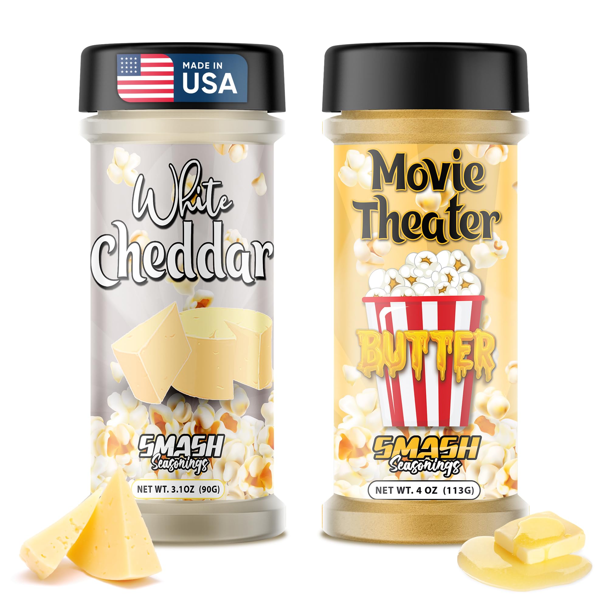 Smash Seasonings front packaging showing two-flavor shaker set and snack benefit