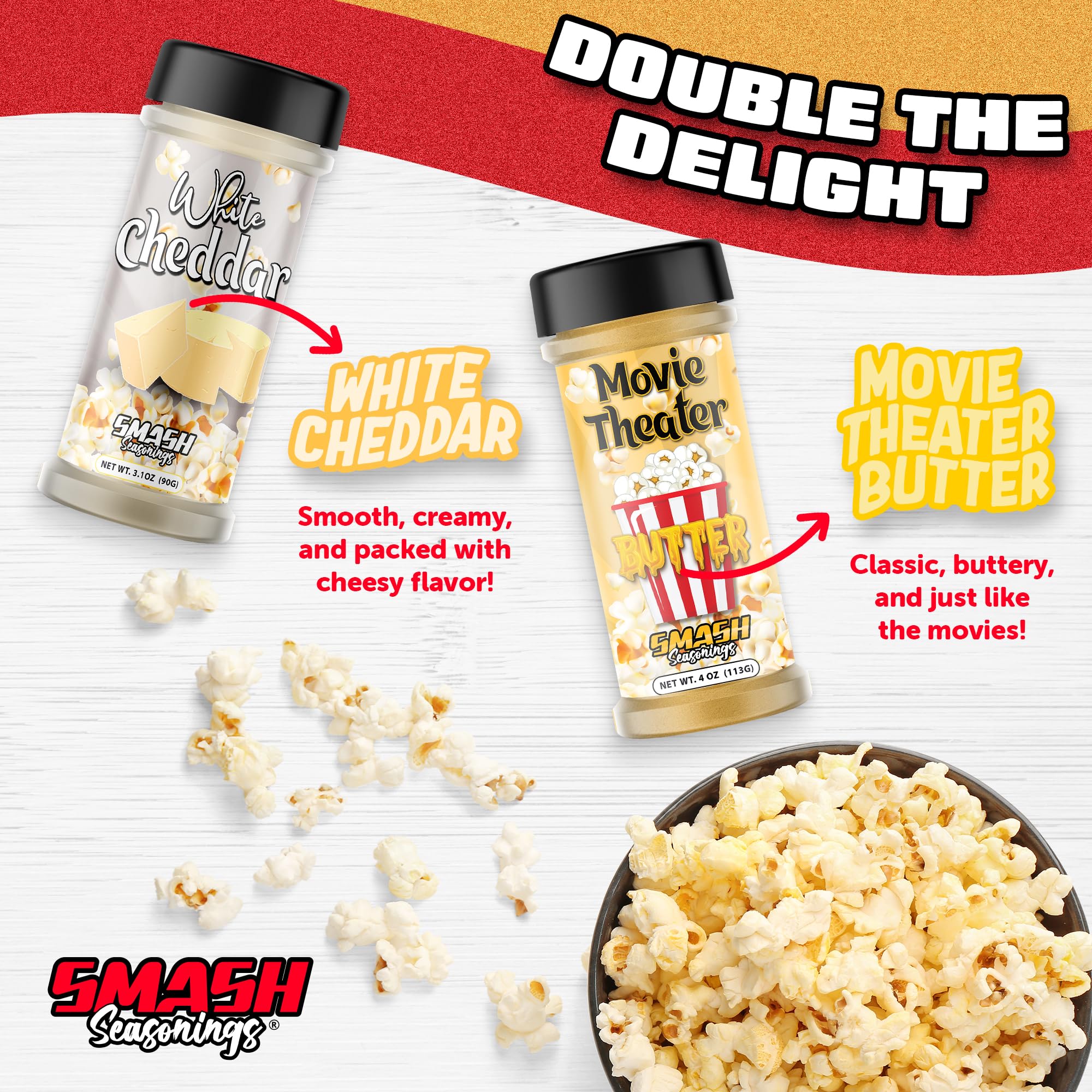 Smash Seasonings seasoning sprinkled on popcorn for bold, layered taste