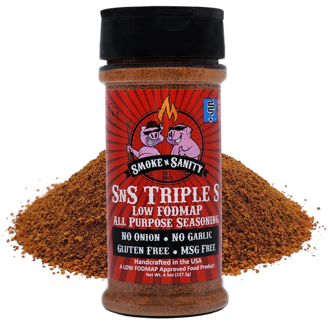 Smoke n Sanity front shaker view showing bottle and seasoning benefits