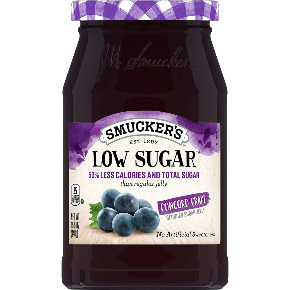 Smucker's front packaging showing three 15.5oz jars and reduced sugar benefit